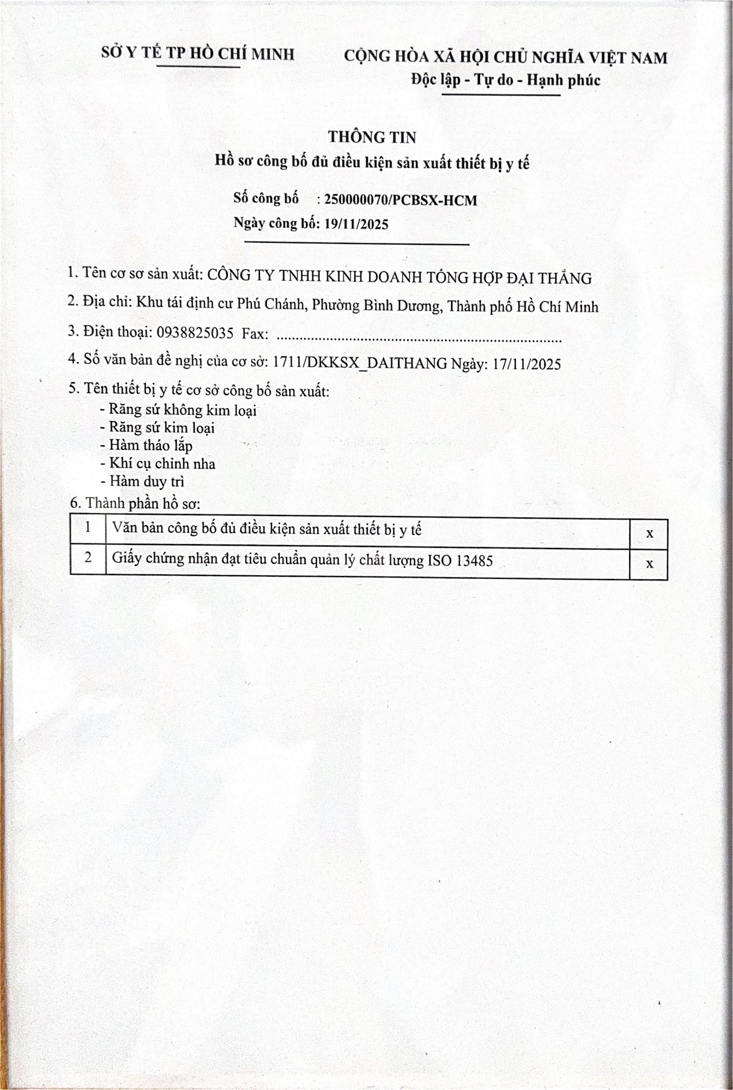 Giấy phép Sở Y Tế cấp cho Viet Dental Lab